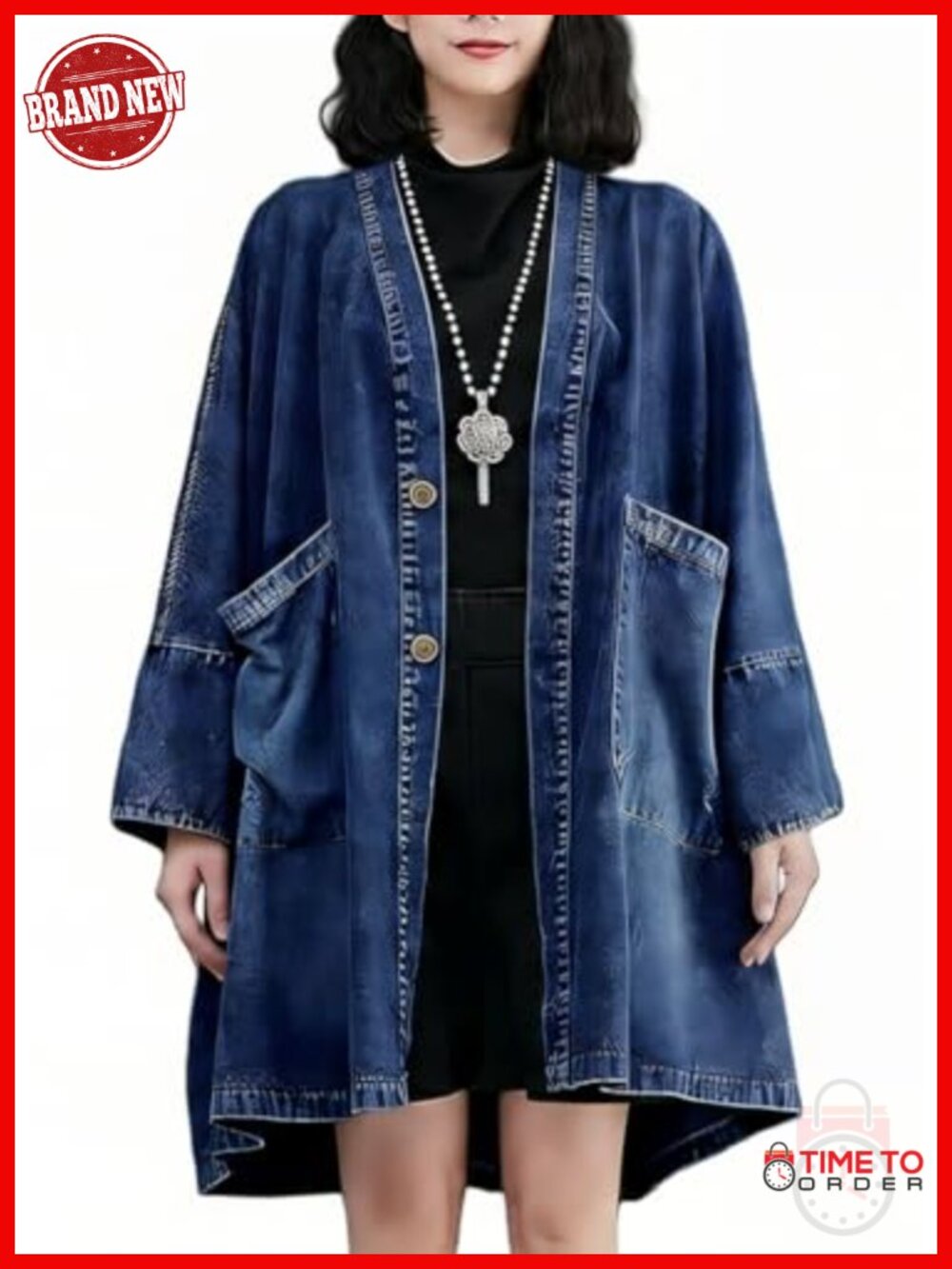 Oversized Long Denim Jacket, Vintage Duster Coat V-Neck Large Pockets Boho Plus